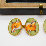 Victorian Boxed 18ct Yellow Gold & Enamel Fox Mask Gents Cufflinks Antique c1880