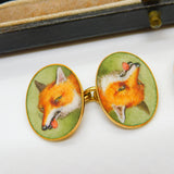 Victorian Boxed 18ct Yellow Gold & Enamel Fox Mask Gents Cufflinks Antique c1880