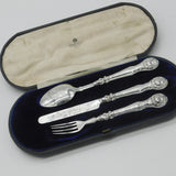 Victorian Boxed Sterling Silver Floral Christening Set 1865 Birmingham Antique
