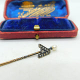 9ct Yellow Gold, Pearl & Diamond Set 'A' Initial Stick Pin Antique c1900