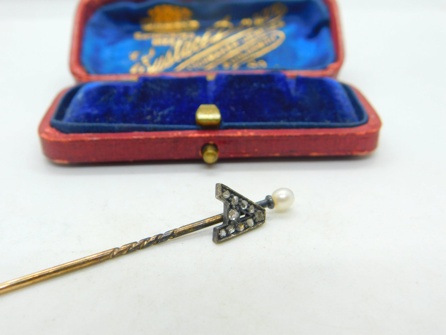 9ct Yellow Gold, Pearl & Diamond Set 'A' Initial Stick Pin Antique c1900