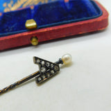 9ct Yellow Gold, Pearl & Diamond Set 'A' Initial Stick Pin Antique c1900