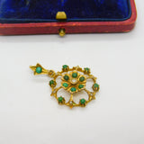 Edwardian 9ct Yellow Gold, Turquoise & Pearl Set Floral Drop Pendant c1910