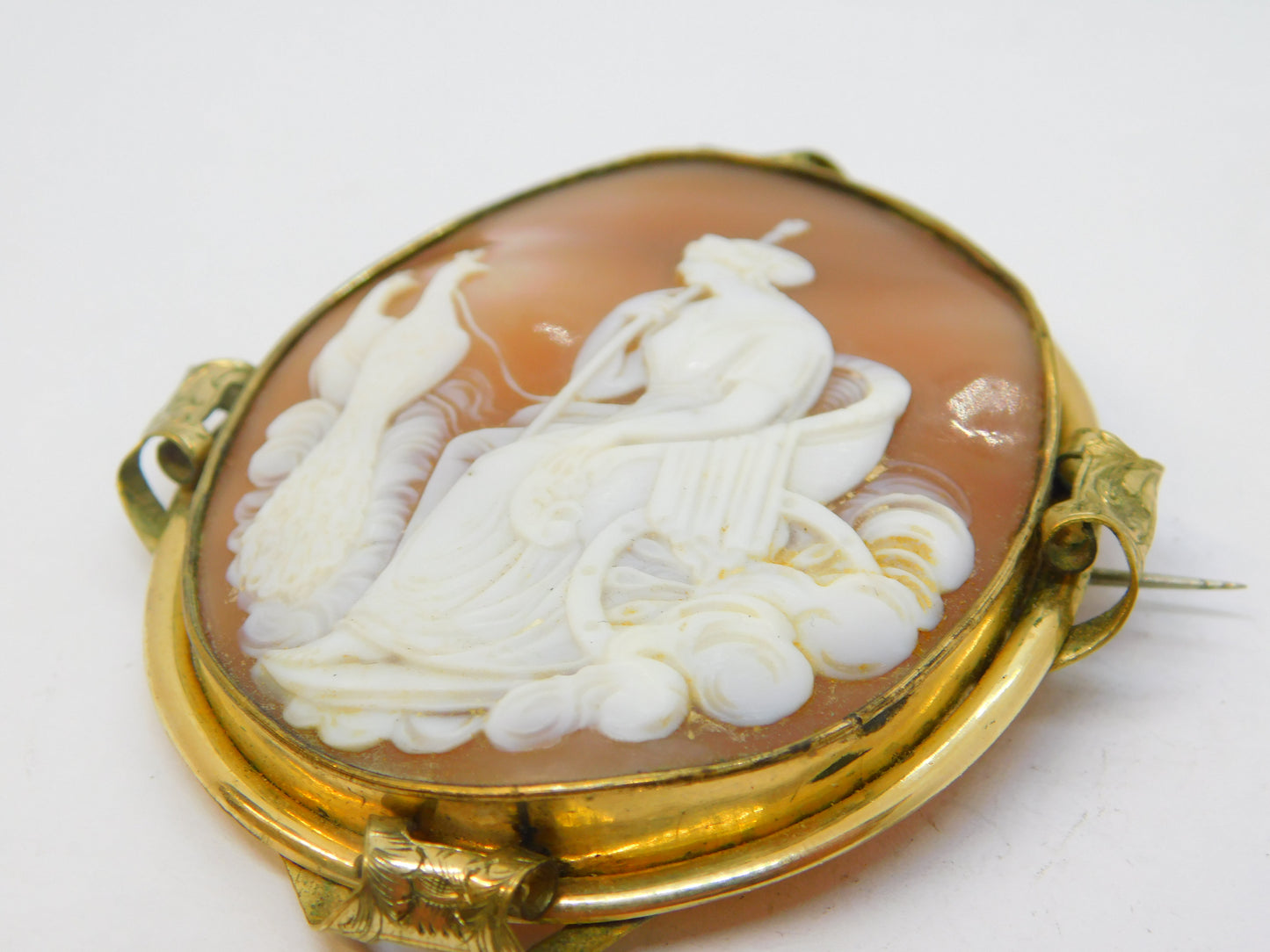 Victorian Large Rolled Gold Carved Shell Cameo Hera with Peacocks Antique c1850