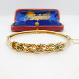 Victorian 9ct Yellow Gold, Emerald & Diamond Set Bangle Bracelet Antique c1880