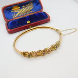 Victorian 9ct Yellow Gold, Emerald & Diamond Set Bangle Bracelet Antique c1880