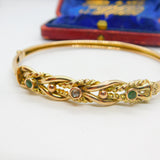 Victorian 9ct Yellow Gold, Emerald & Diamond Set Bangle Bracelet Antique c1880