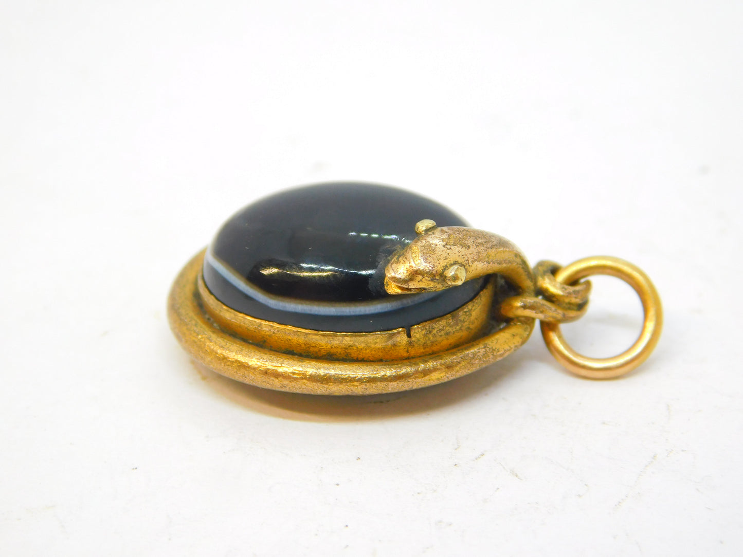 19th Century Rolled Gold Banded Agate Snake Serpent Pendant Antique c1880