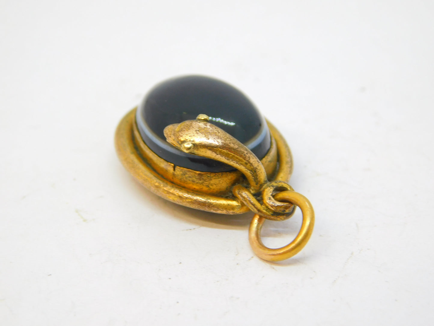 19th Century Rolled Gold Banded Agate Snake Serpent Pendant Antique c1880
