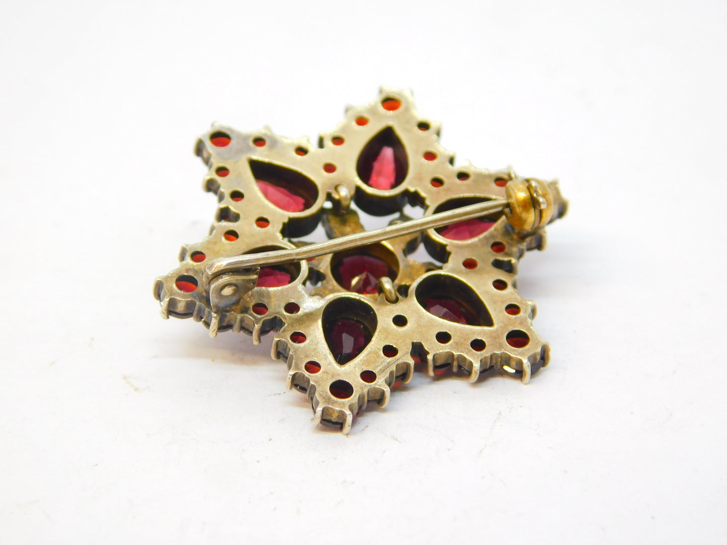 19th Century Austro-Hungarian Sterling Silver Gilt Garnet Set Floral Brooch c1860