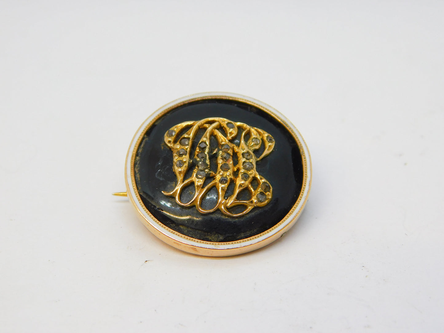 Victorian 9ct Gold, Black-White Enamel, Diamond Set Mourning Brooch Antique c1890