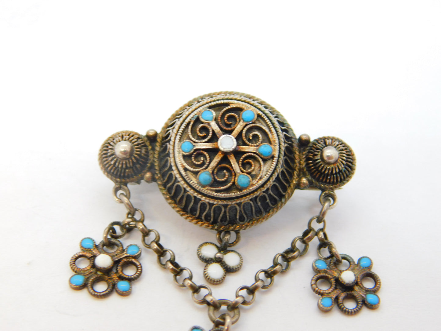 20th Century Scandinavian .830 Silver Enamel Floral Brooch Antique c1920