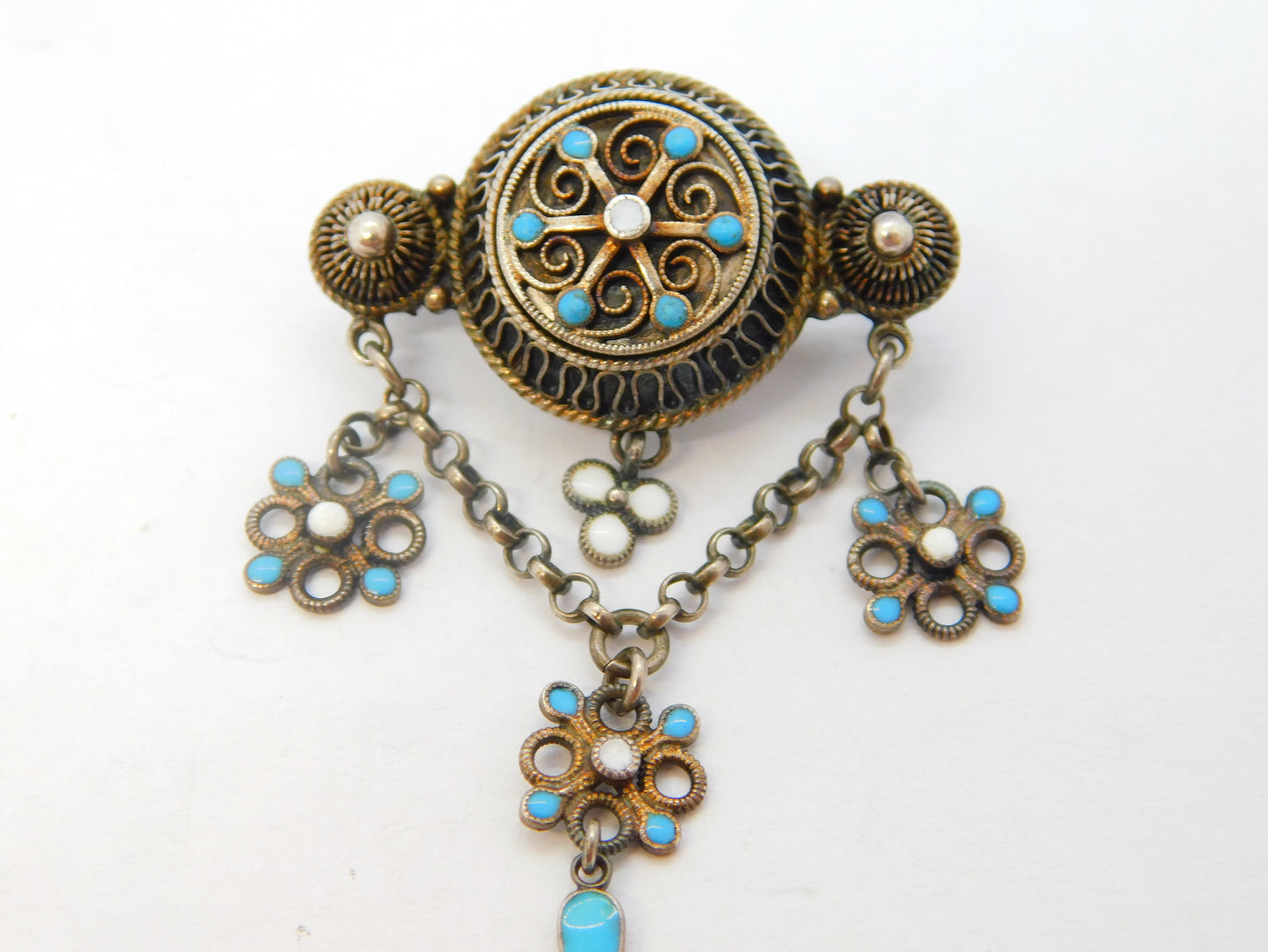 20th Century Scandinavian .830 Silver Enamel Floral Brooch Antique c1920