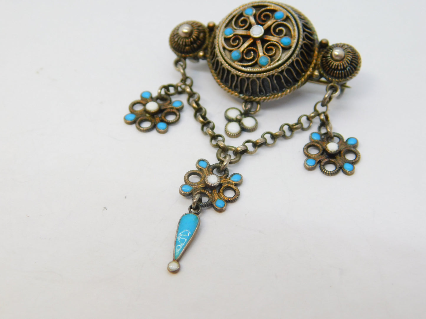 20th Century Scandinavian .830 Silver Enamel Floral Brooch Antique c1920