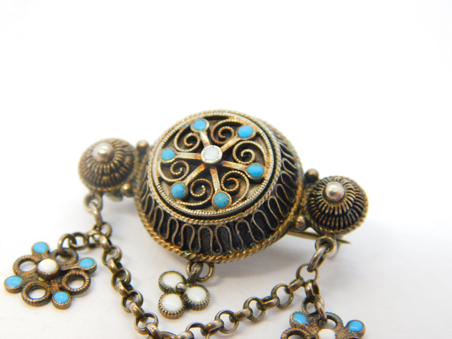 20th Century Scandinavian .830 Silver Enamel Floral Brooch Antique c1920