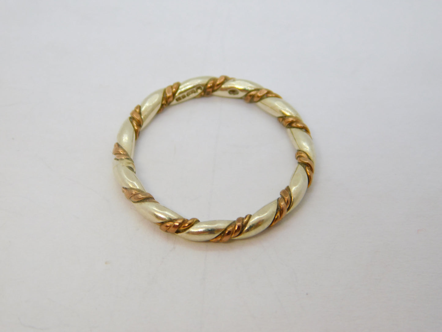 9ct White & Rose Gold Rope Twist Stacking Ring Vintage 1990 London