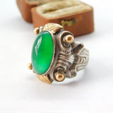 Sterling Silver, 9ct Gold & Green Chalcedony Cabochon Aztec Style Ring Antique