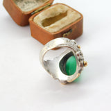 Sterling Silver, 9ct Gold & Green Chalcedony Cabochon Aztec Style Ring Antique