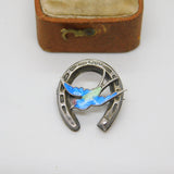 Sterling Silver Enamel Swallow & Horseshoe Sweetheart Brooch 1924 Antique