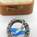 Sterling Silver Enamel Swallow & Horseshoe Sweetheart Brooch 1924 Antique