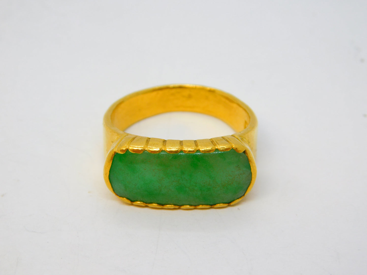 20th Century Chinese 24ct Yellow Gold Green Jade Panel Dress Ring Antique c1920