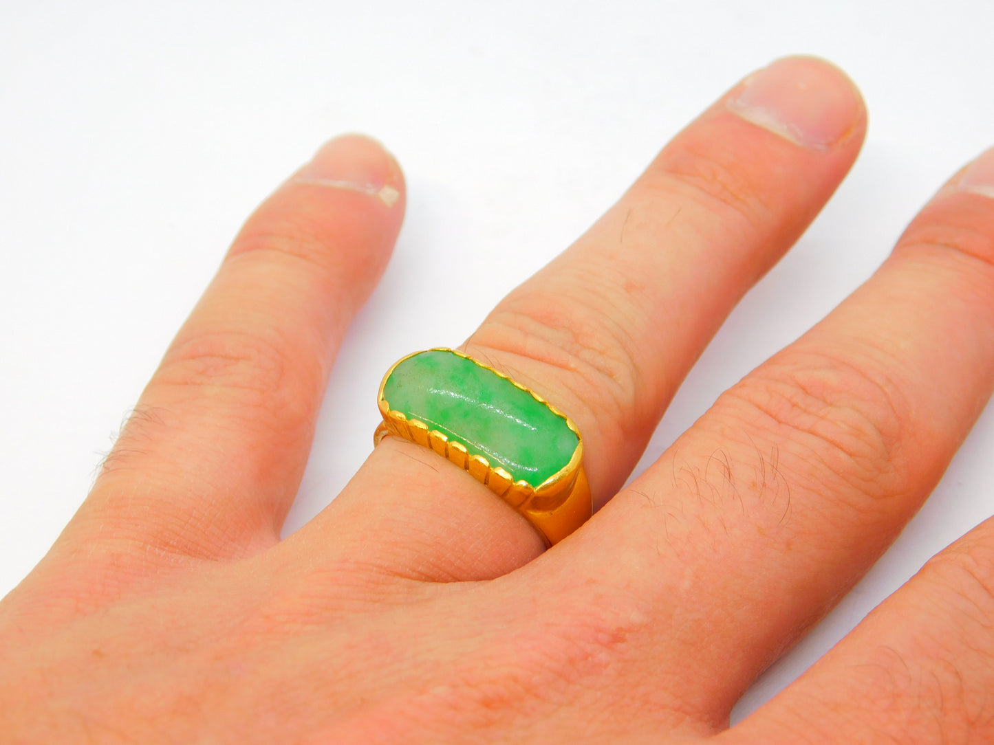 20th Century Chinese 24ct Yellow Gold Green Jade Panel Dress Ring Antique c1920