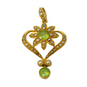 Edwardian 15ct Gold, Peridot, Seed Pearl Suffragette Lavalier Pendant Antique c1910