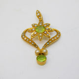 Edwardian 15ct Gold, Peridot, Seed Pearl Suffragette Lavalier Pendant Antique c1910
