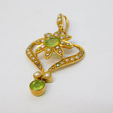 Edwardian 15ct Gold, Peridot, Seed Pearl Suffragette Lavalier Pendant Antique c1910