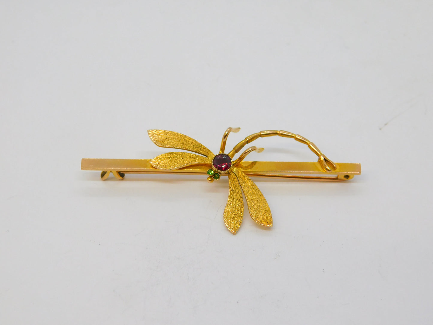 Edwardian 9ct Gold, Garnet & Peridot Dragonfly Suffragette Brooch Antique c1910