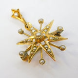 Edwardian 9ct Yellow Gold, Seed Pearl Starburst Lavalier Pendant Antique c1910