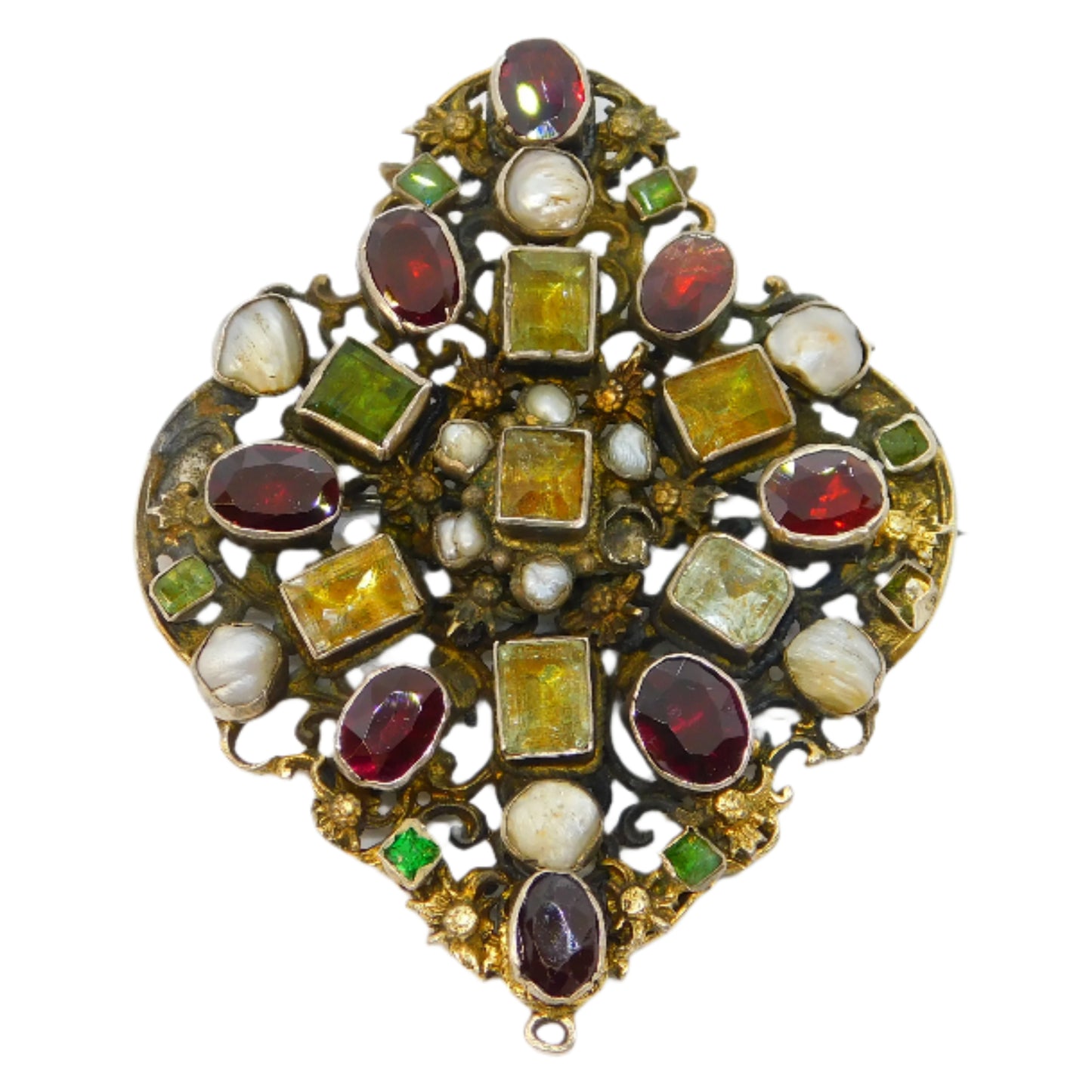 19th Century Austro-Hungarian Large Sterling Silver Gilt Stone Set Brooch Antique c1840