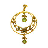 Edwardian 9ct Gold, Seed Pearl & Peridot Suffragette Lavalier Pendant Antique c1910