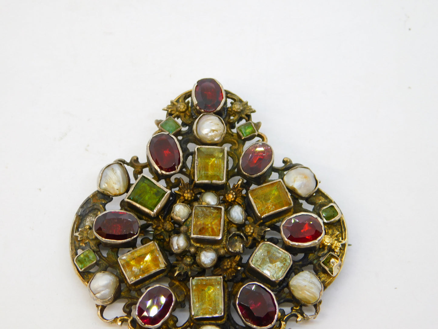 19th Century Austro-Hungarian Large Sterling Silver Gilt Stone Set Brooch Antique c1840