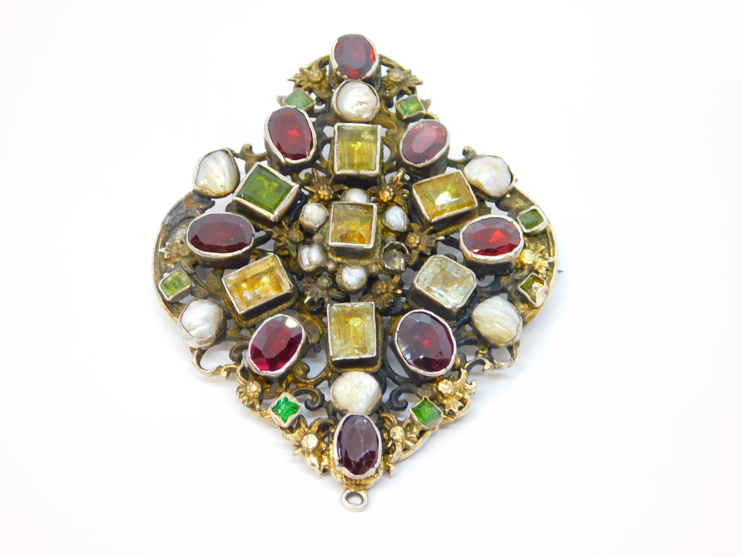 19th Century Austro-Hungarian Large Sterling Silver Gilt Stone Set Brooch Antique c1840