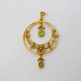 Edwardian 9ct Gold, Seed Pearl & Peridot Suffragette Lavalier Pendant Antique c1910
