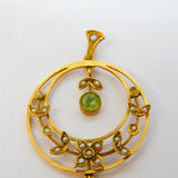 Edwardian 9ct Gold, Seed Pearl & Peridot Suffragette Lavalier Pendant Antique c1910