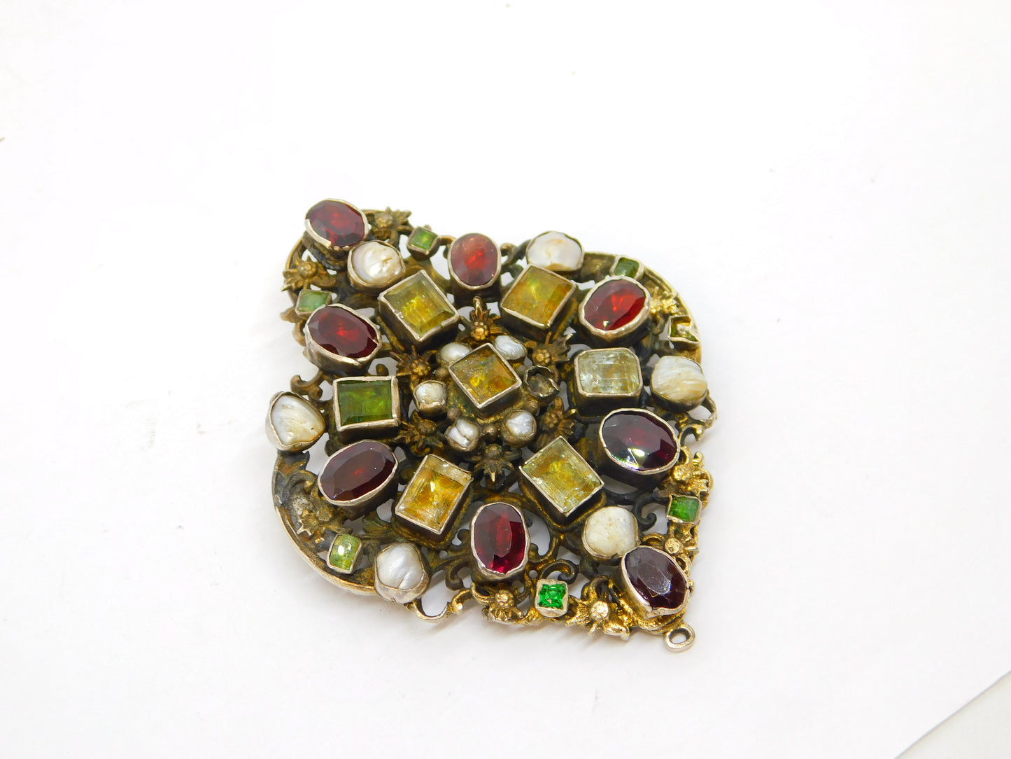 19th Century Austro-Hungarian Large Sterling Silver Gilt Stone Set Brooch Antique c1840