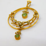 Edwardian 9ct Gold, Seed Pearl & Peridot Suffragette Lavalier Pendant Antique c1910