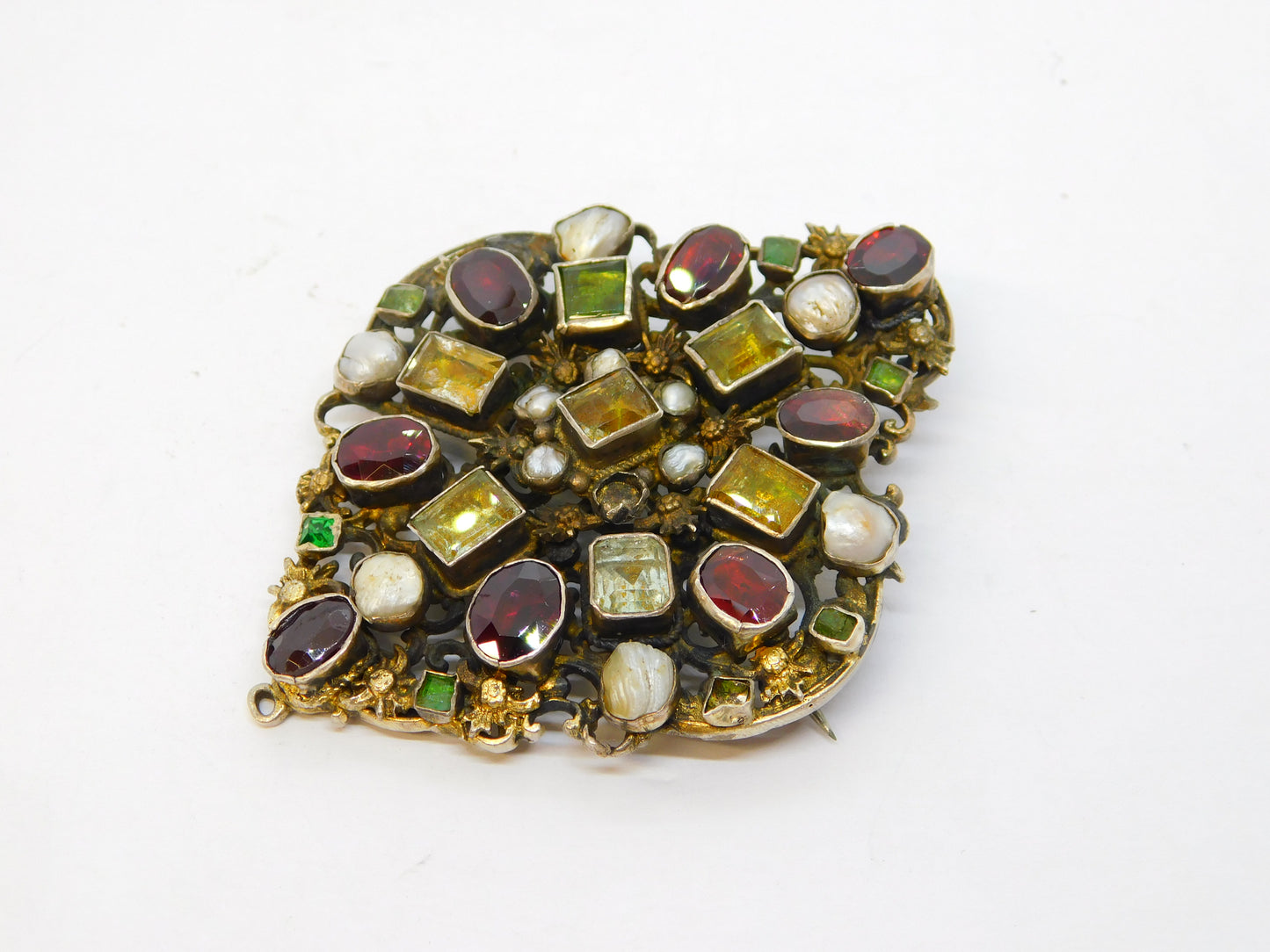 19th Century Austro-Hungarian Large Sterling Silver Gilt Stone Set Brooch Antique c1840