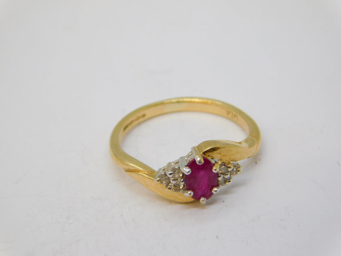 9ct Yellow Gold, Ruby & Diamond Crossover Ring Vintage c1990 Birmingham