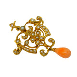 Edwardian 15ct Gold, Seed Pearl, Coral Set Lavalier Drop Pendant Antique c1910