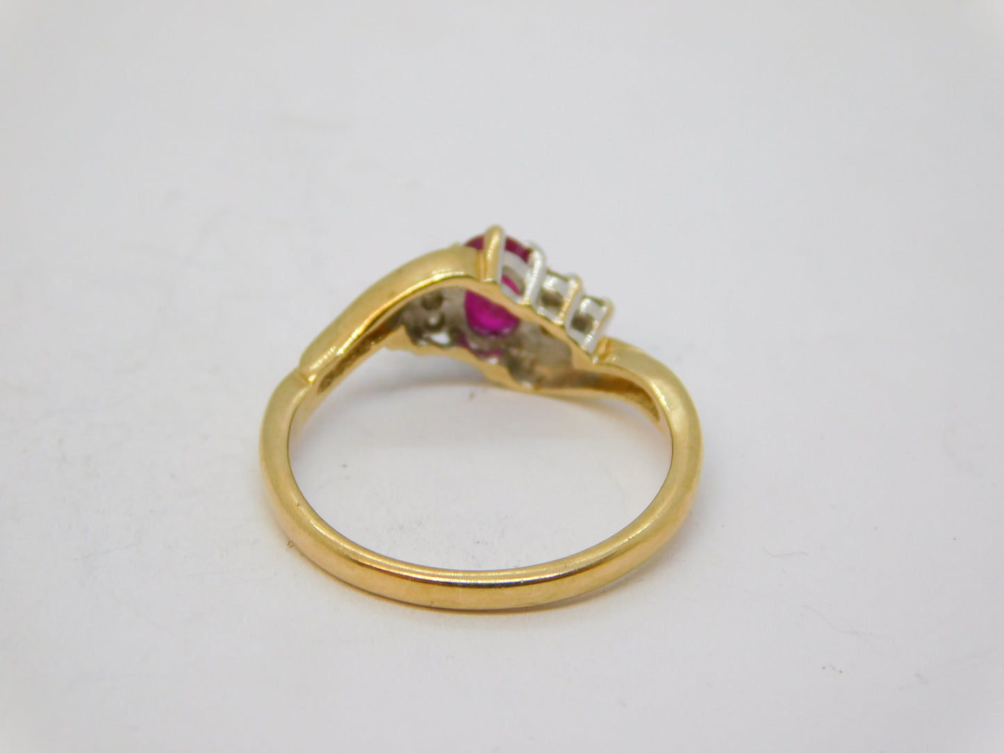 9ct Yellow Gold, Ruby & Diamond Crossover Ring Vintage c1990 Birmingham