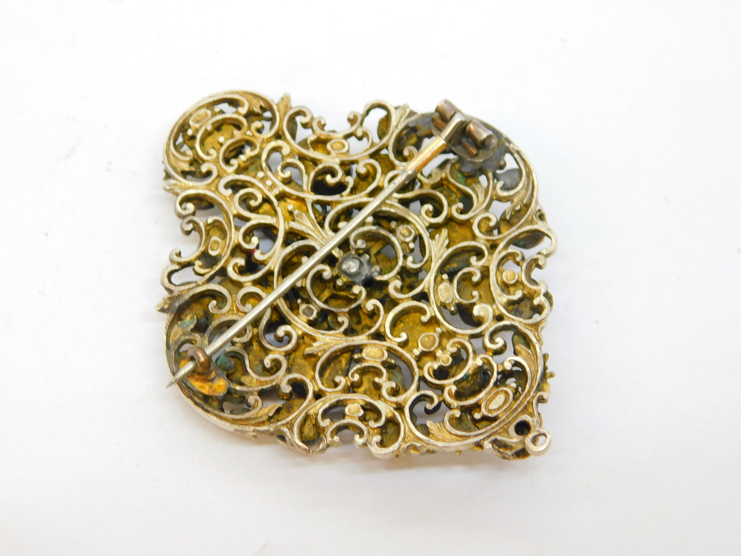 19th Century Austro-Hungarian Large Sterling Silver Gilt Stone Set Brooch Antique c1840