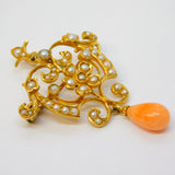 Edwardian 15ct Gold, Seed Pearl, Coral Set Lavalier Drop Pendant Antique c1910