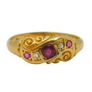 Edwardian 18ct Gold, Ruby & Diamond Floral Boat Ring Antique 1907 Chester