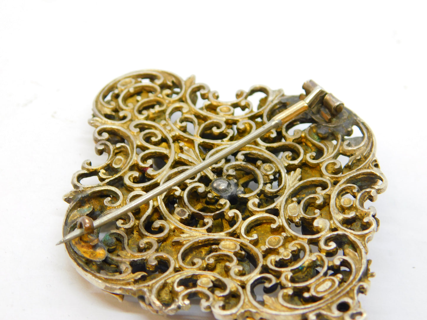 19th Century Austro-Hungarian Large Sterling Silver Gilt Stone Set Brooch Antique c1840