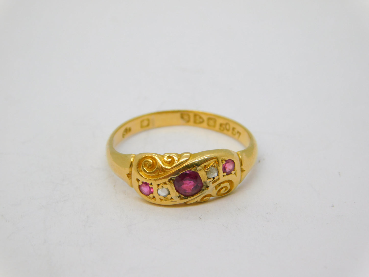 Edwardian 18ct Gold, Ruby & Diamond Floral Boat Ring Antique 1907 Chester