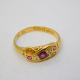 Edwardian 18ct Gold, Ruby & Diamond Floral Boat Ring Antique 1907 Chester