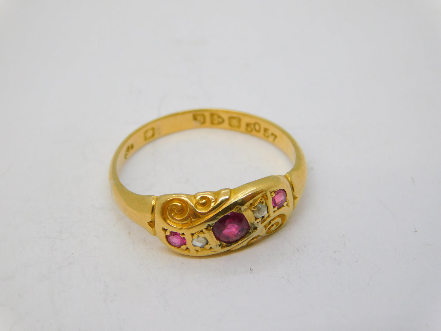 Edwardian 18ct Gold, Ruby & Diamond Floral Boat Ring Antique 1907 Chester